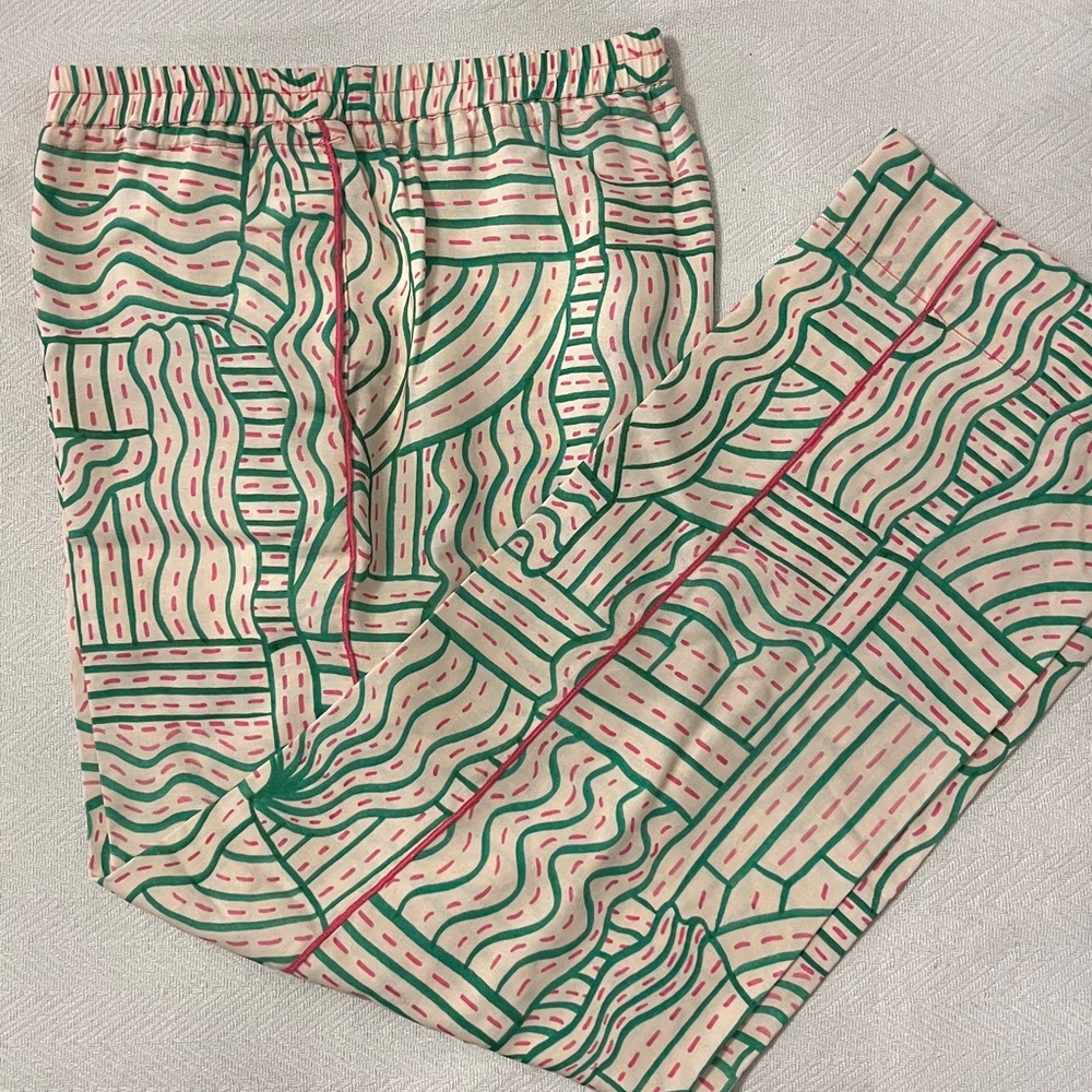 Zara Cream Pants with Green and Pink Pattern